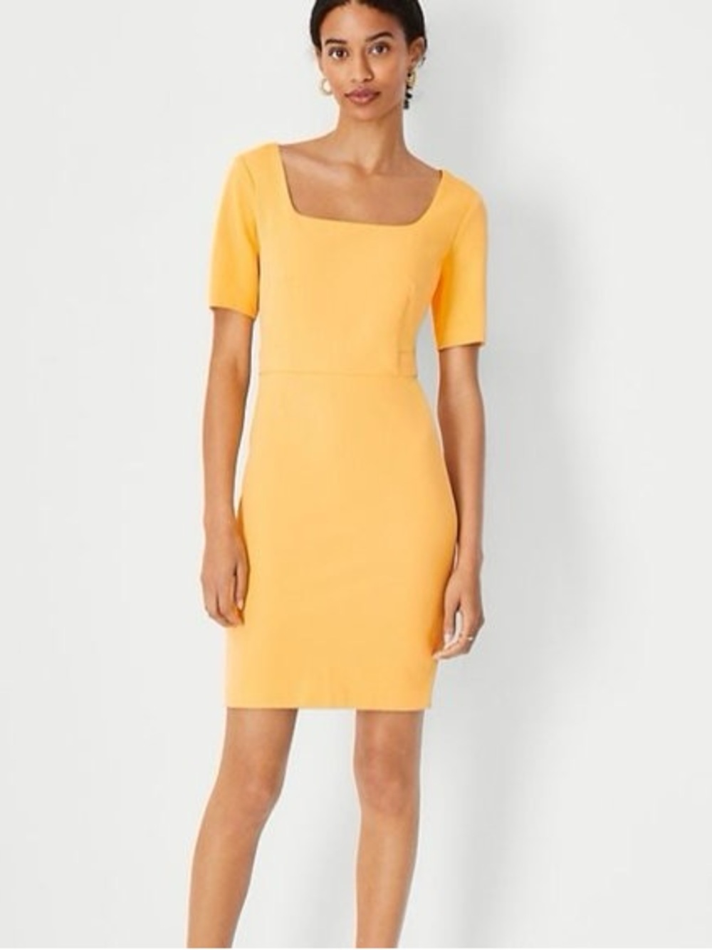 Ann Taylor Size 8 Yellow Square Neck Sheath Dress Short Sleeve